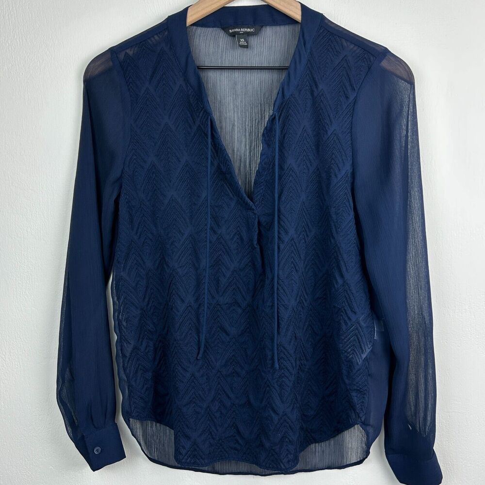 Banana Republic Factory Sheer Blouse Womens XS Navy Embroidered Bohemian Ladies